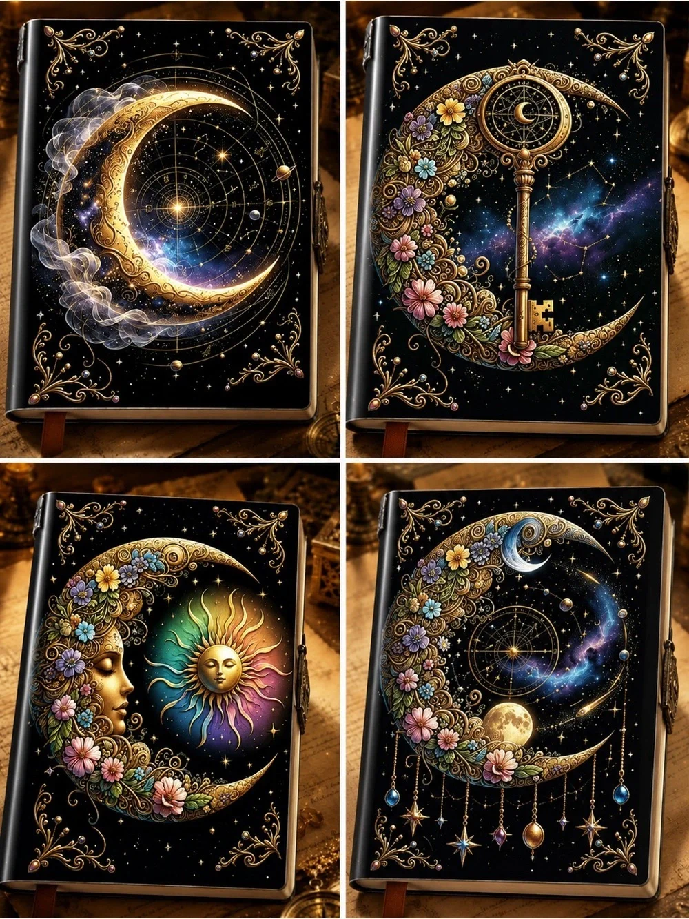 Moon & Sun Floral Small Journal Hardcover – Multicolor Black Gold